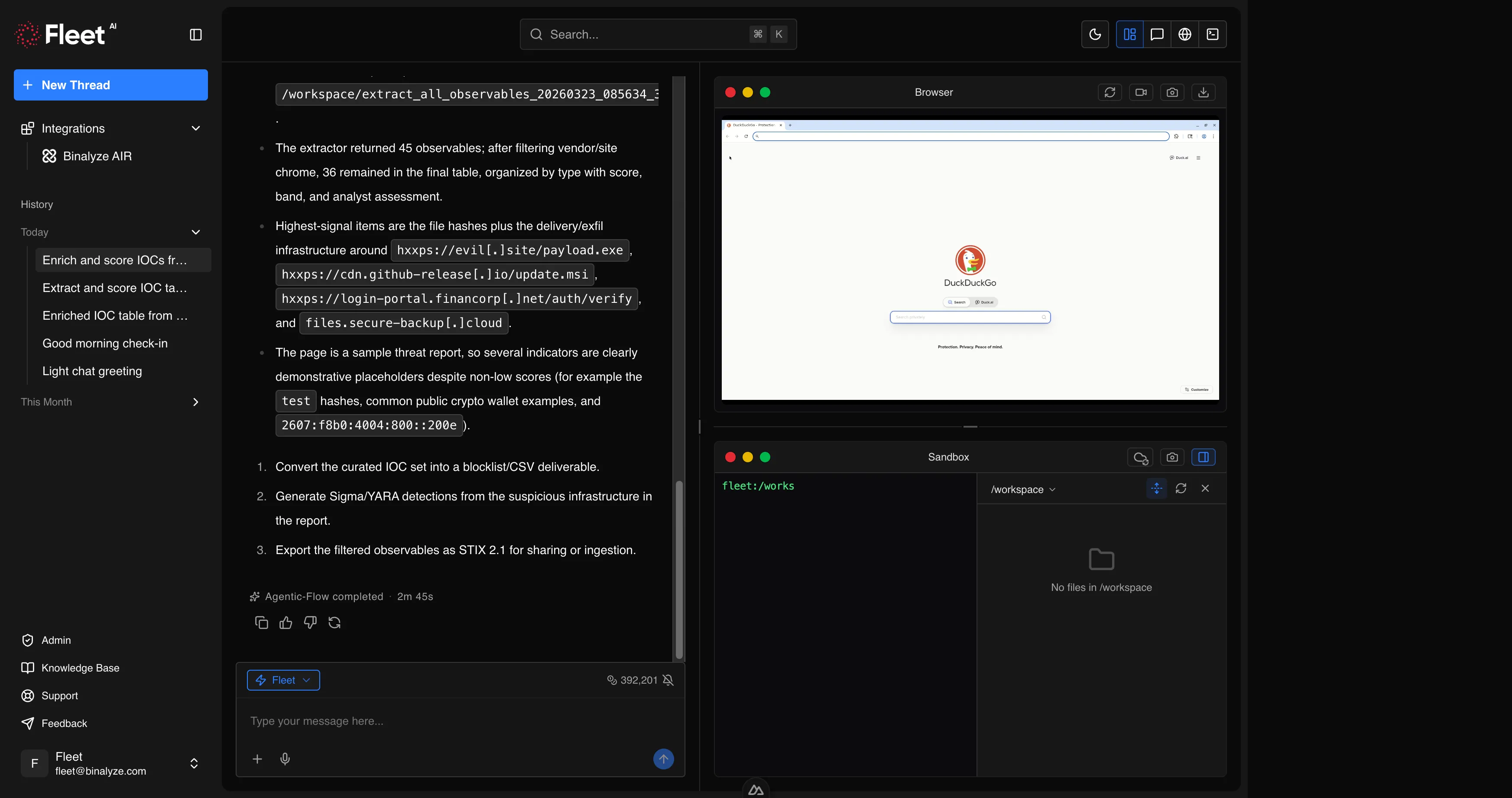 Fleet split view with browser panel alongside the conversation