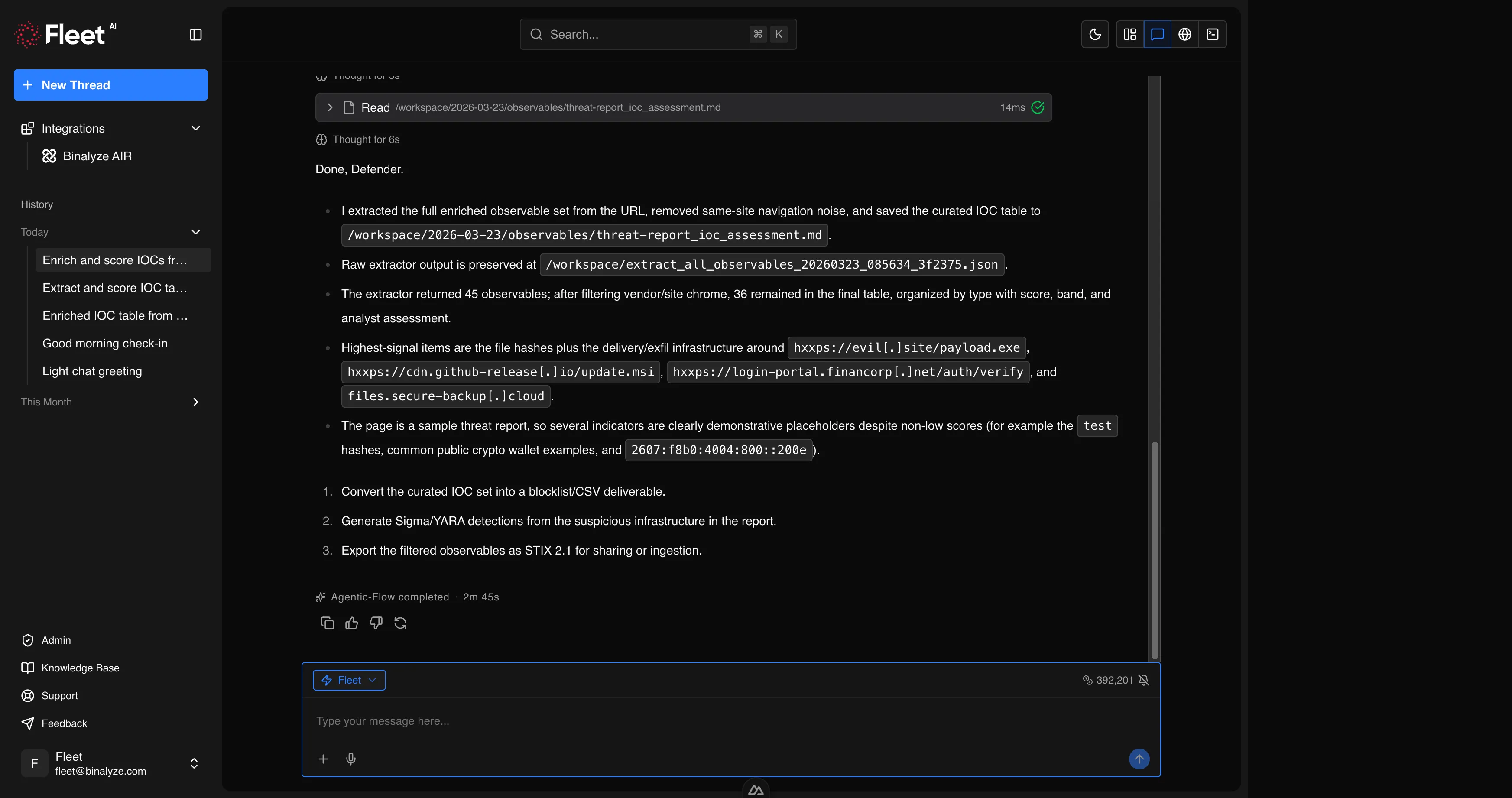 Fleet completing an IOC extraction workflow with scored results and next steps